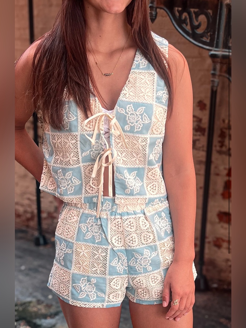 Light Blue & White Costal Crochet Patchwork Two-Piece Set